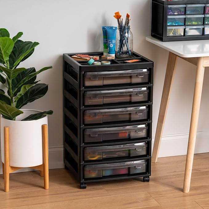 IRIS USA Rolling Cart with Drawers |Made in USA| 6-Tier Cases - Black/Gray | Fits 12"x12" Paper, Built-In Handles, Storage Unit with Supply Top for Craft, Art, Office Supplies, Pens & Pencils