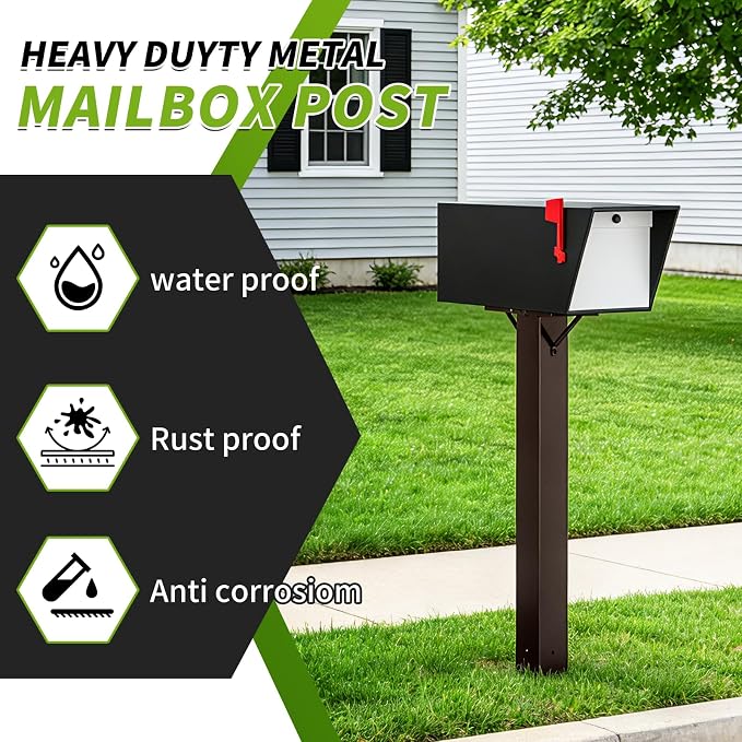 BOUGOON Bronze Metal Mailbox Post for Outside,43x 4X 4 inch Heavy Duty In-Ground Mounting Post with Anchor for Easy Install Mailbox Use