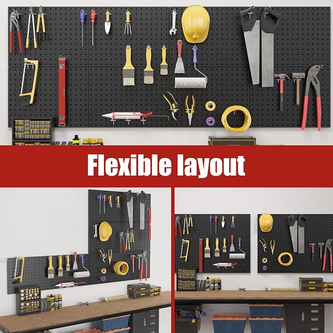 Heavy Duty Peg Board, 8 Pack Metal Pegboard Panels with 50 Hooks | Black Pegboard Organizer - Wall Mount Storage System for Garage and Garden Tools, Workbench, Office & Home Organization