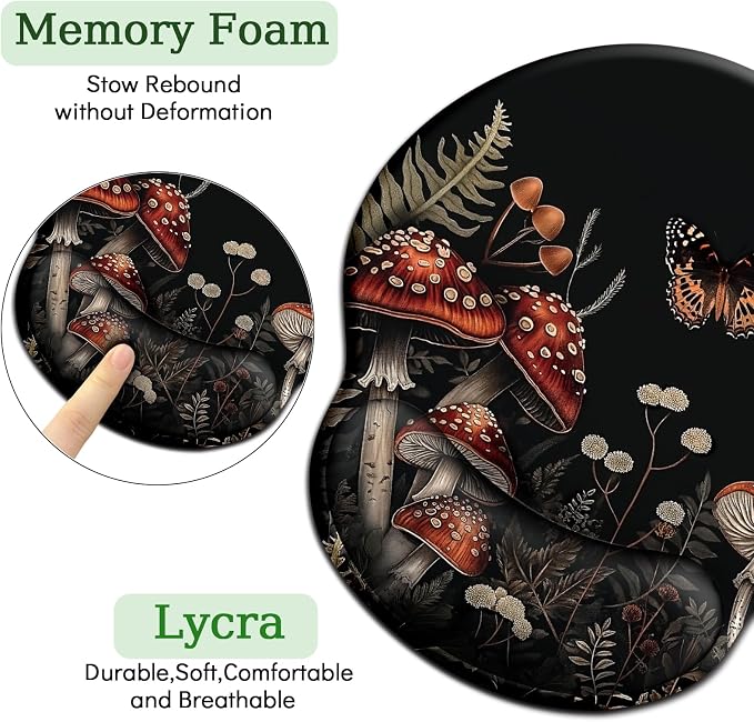 LIMKRIAN Ergonomic Mouse Pad with Gel Wrist Rest, Mushroom Desk Decor | Non-Slip PU Base, Smooth Surface, Cooling Gel Eases Wrist Pain, Cute Mousepad for Laptop, Computer, Office Desk Accessories