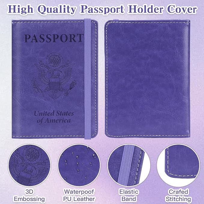 Passport Holder for Travel, RFID Blocking Passport Cover with Pen Holder Leather Passport Wallet Case Travel Must Haves Accessories Passport Book Card Holder for Family Travel Essentials, Dark Purple