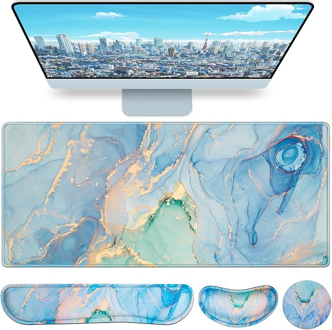 4 in1 Desk Mat Blue, Large Gaming Mouse Pad with Wrist Rest, | XXL Mousepad+Keyboard Wrist Rest+Mouse Pad Wrist Support+Cup Coaster Ergonomic Computer Desk Arm Wrist for Decor Office Women