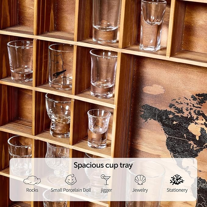 Large Shot Glass Display Case with World Map,60 Slots, 34 X 26 Inch Rustic Wood Shot Glass Display Cabinet for 2 Size -In Rooms Bars Wine Cellars with Shot Glasses Jewelry Shell & Keepsakes
