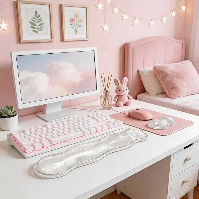 Wrist Rest for Keyboard and Mouse, Ergonomic Mouse Hand Rest Set, Cute Glitter Cloud Keyboard Pad with Wrist Support, Gel Desk Decor Accessories for Office Gaming School (Transparent)