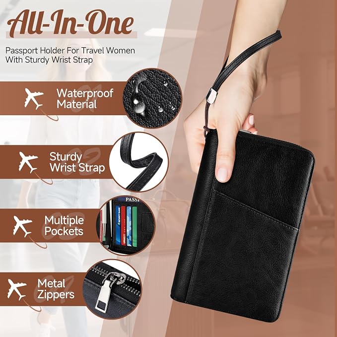 Likesing Family Passport Holder for 5, RFID Multiple Passport Holder-Brown | Leather RFID Blocking Travel Passport Wallet with Zipper, Travel Document Organizer with Wrist Strap Card Slots for Women Men