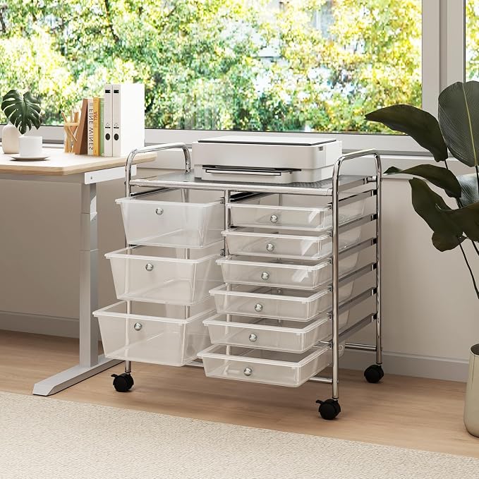 9 Drawer Rolling Storage Cart, Rolling Cart with Drawers for Classroom, Art Supply Craft Organizer on Wheel with Metal Frame & Handles for Home Office School