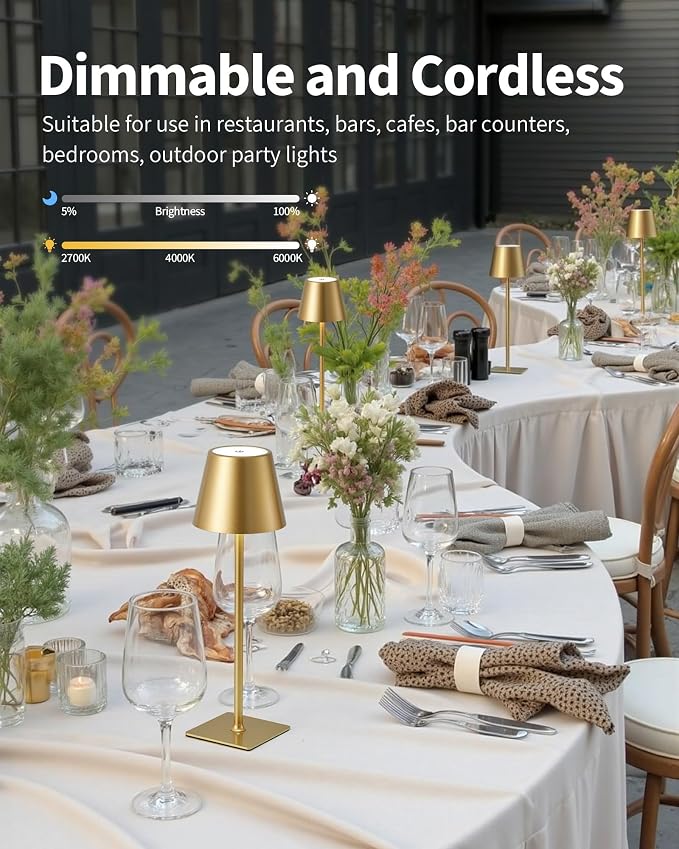 KDG Gold Cordless Table Lamps Set of 2, 4000mAh Rechargeable LED Desk Lamp | Portable, Battery Operated, 3 Color Stepless Dimming, for Restaurant, Outdoor Camping, Coffee Shop, Bedroom, Night Light