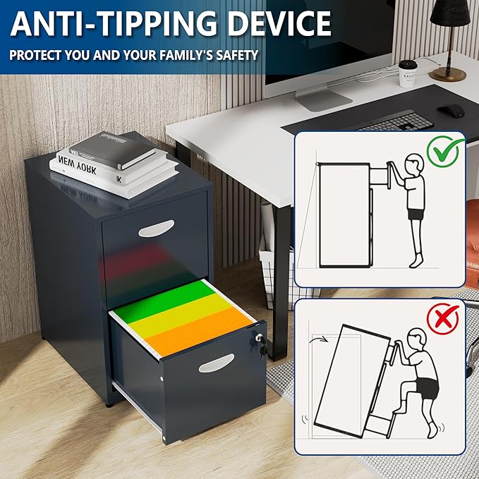 Polup 2 Drawer File Cabinet with Lock, Metal Filing Cabinet for Home Office | Small Locking Cabinet for Under Desk Storage, Printer Stand, Fits Letter Size, Blue, 26"H x 15"W x 18"D, Easy Assembly