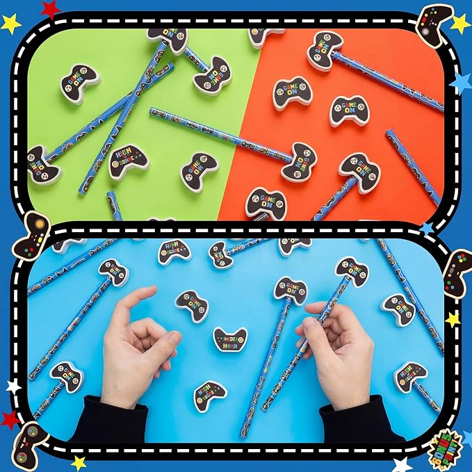 32 Pcs Video Game Themed Pencil with Eraser Video Game Party Favors Gaming Controller Stationery Supplies for School Classroom Exchange Gift Reward Prizes Adventure Vbs Party Supplies