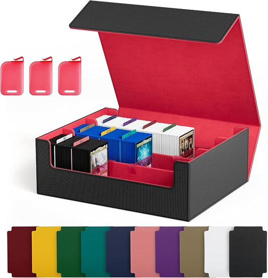 UAONO Trading Card Storage Box, Holds 1800 Sleeved Cards with 10 Dividers & 3 Stoppers, Magnetic Closure PU Leather Card Case for MTG, PTCG, YGO, Sports Cards (Black&red)