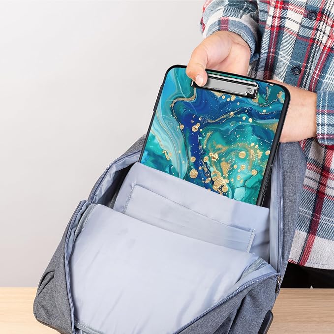 Clipboard with Storage,Storage Clipboard with Pen Holder,Heavy Duty Plastic Storage Clipboard with Low Profile Clip,Teacher Must Haves,Clipboard Folder,Office Supplies,Gold Marble -1336
