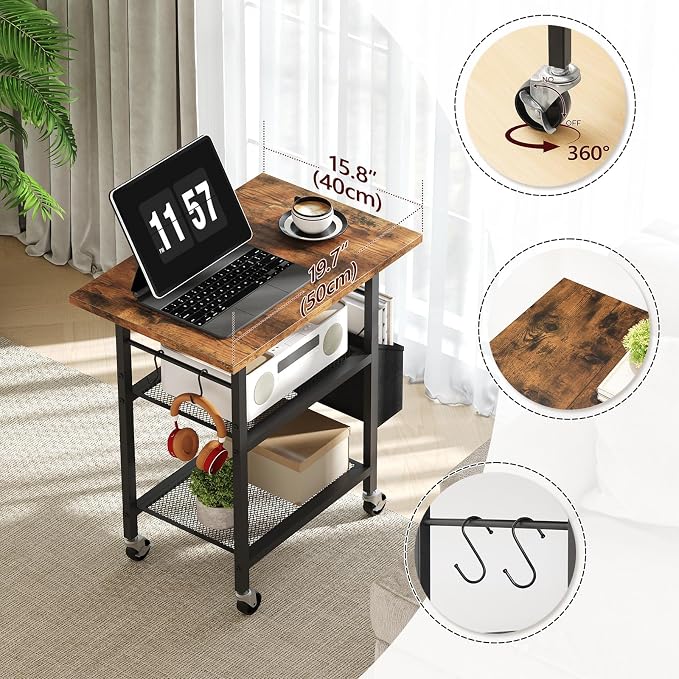 MAHANCRIS 3-Tier Printer Stand, Rolling Printer Table on Wheels, Industrial Storage Stand with Side Pocket, Wooden Tabletop, 2 S-Shaped Hooks, for Home Office, Rustic Brown and Black PTHR2501