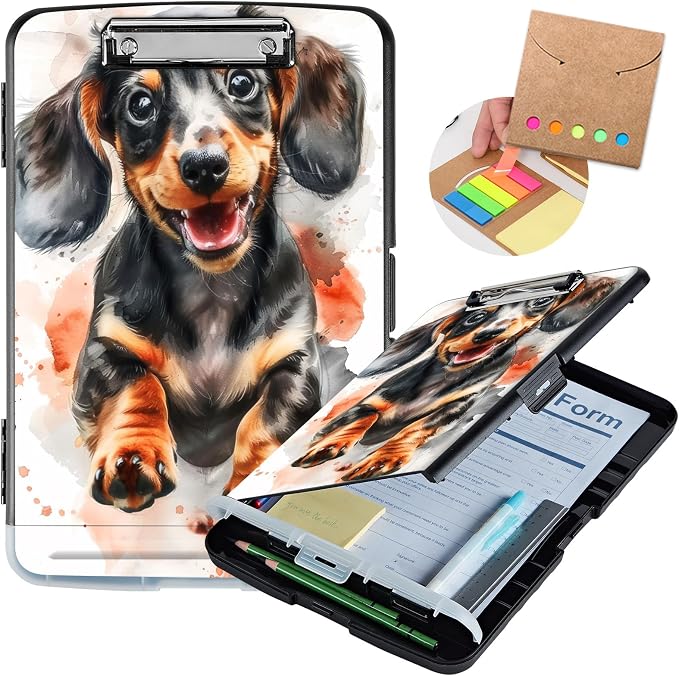 Clipboard with Storage,Storage Clipboard with Pen Holder,Heavy Duty Plastic Storage Clipboard with Low Profile Clip,Teacher Must Haves,Clipboard Folder,Office Supplies,Cute Dog -1363