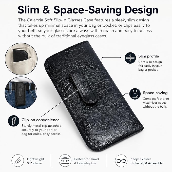 Calabria Soft Slip-In Glasses Case Pocket Metal Clip Black/Brown(2Pack) Men/Women Synthetic Leather Felt Lining 6.5"x3"