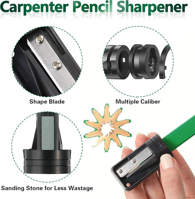 Hohean 14 Pcs Carpenter Pencils, 7 Inches Flat Octagonal Hard Woodworking Construction Pencils Heavy Duty with Pencil Sharpener and Retractable Pull Pen Holder for Contractor Carpentry (Green)