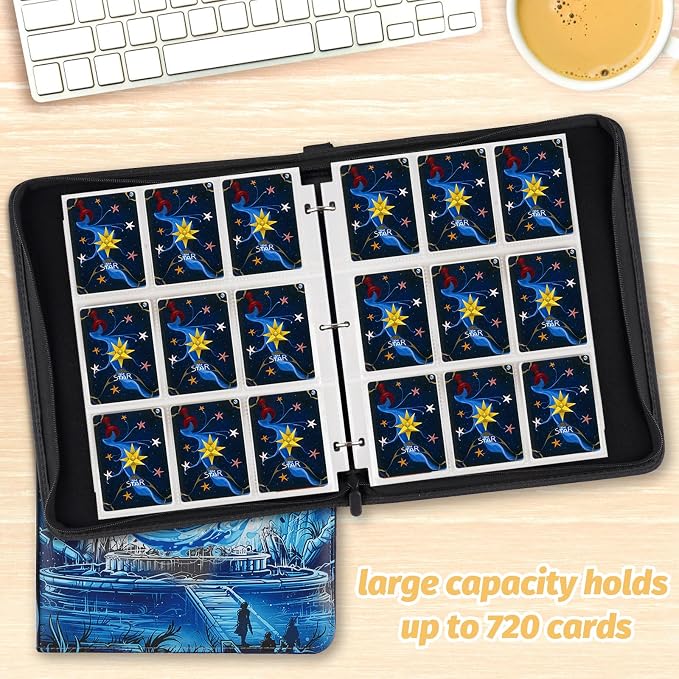 720 Pockets Round Ring Trading Card Binder, 9-Pocket Clear Zipper Card Album with Wrist Strap, Holds 720 Standard TCG Cards Compatible with Sports Baseball Football Game Cards (Blue Print)
