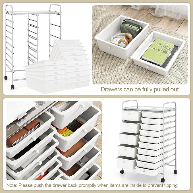 RELAX4LIFE 15-Drawer Rolling Storage Cart - Utility Cart with Metal Frame, Lockable Wheels & Removable Drawers, Multipurpose Art Craft Organizer for Home Office, Classroom (White)