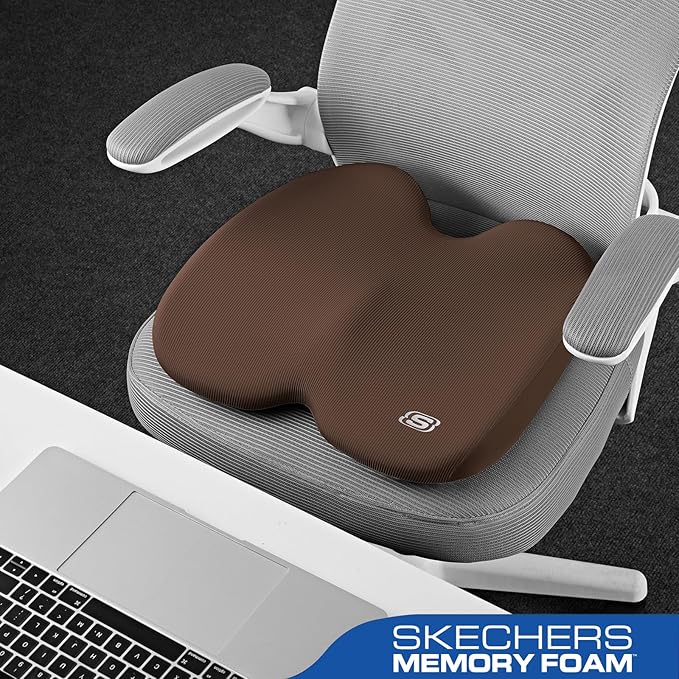 Skechers Seat Cushion, Ergonomic Memory Foam Cushion for Long Sitting Hours on Office & Home Chair, Car Seat Cushion for Sciatica, Coccyx Cushion,Brown