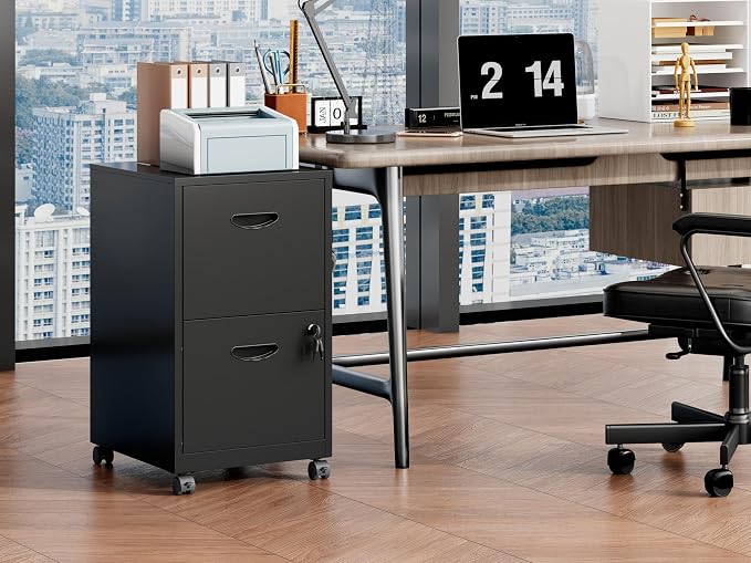Polup 2 Drawer Rolling File Cabinet with Lock for Home Office | Metal Mobile Filing Cabinet on Wheels, Small Under Desk Storage, Fits Hanging Letter Size, Printer Stand, Black