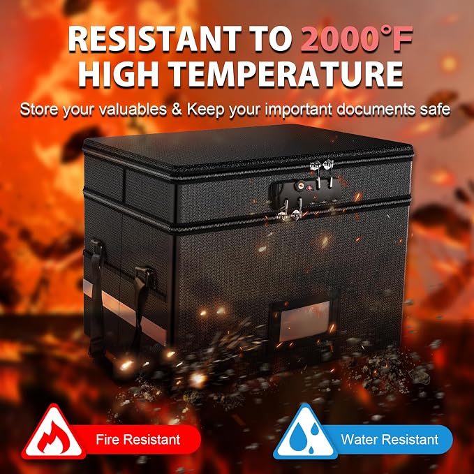 2 Layer Fireproof Document Box with Lock for Letter/Folder/Certificate | Fireproof to 2000°F, Waterproof, Large Capacity, Night Reflective Strip, Adjustable Handle, Foldable, Anti-static Material