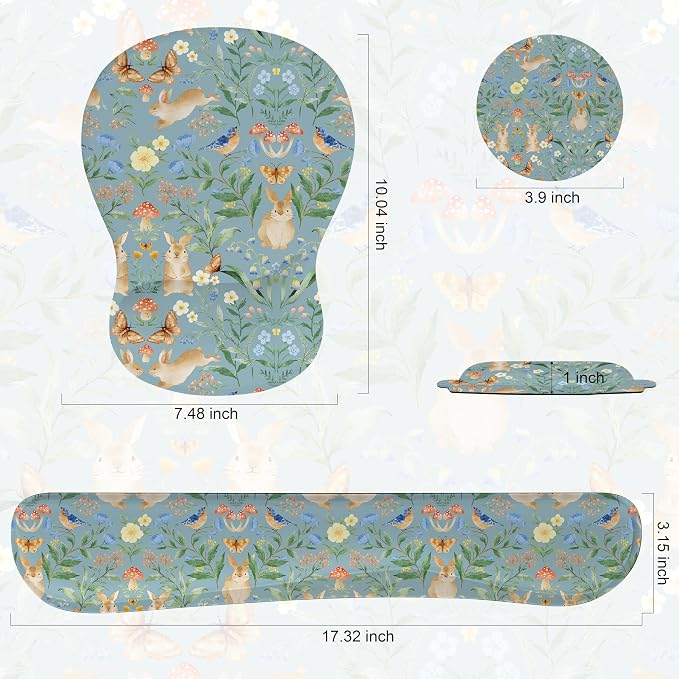 Mouse Pad Wrist Rest Support Keyboard Set Circle Coaster Gaming Mouse Pad Ergonomic Gel Memory Foam Set for Computer, Laptop, Office, Pain Relief, Comfortably Typing Rabbit KM-40
