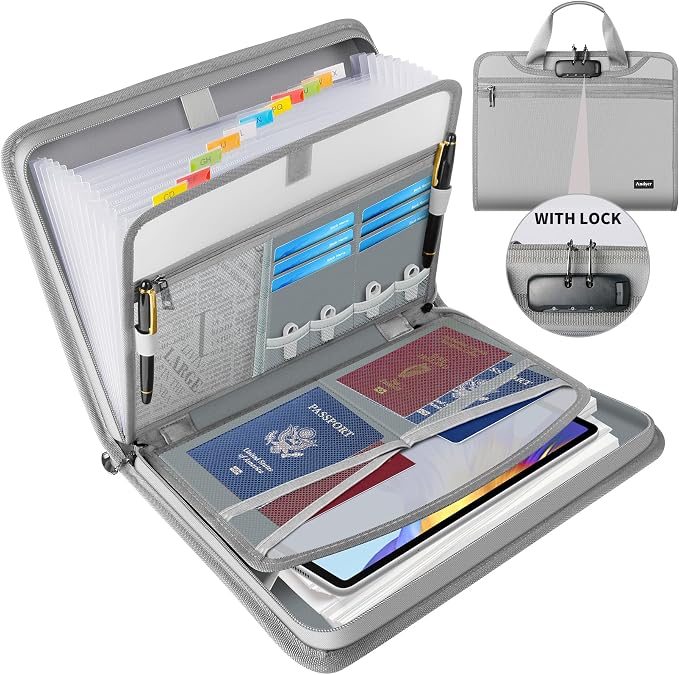 Important Document Organizer with Lock, Fireproof Accordion File Organizer | 13 Pockets Expanding File Folder with Handle & Labels, Portable Travel Business Binder Papers Organizer for Letter A4 Files