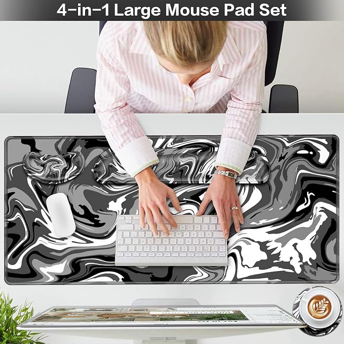 4 in1 Desk Mat Black, Large Gaming Mouse Pad with Wrist Rest, | XXL Mousepad+Keyboard Wrist Rest+Mouse Pad Wrist Support+Cup Coaster Ergonomic Computer Desk Arm Wrist for Decor Office Women