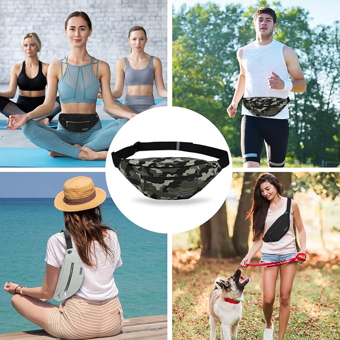 Large Camo Green Fanny Pack Hands-Free Belt Bag Carrying All Size of Phones | 4-Zipper Pockets,Polyester,Gifts for Enjoy Festival Sports Workout Traveling Running Casual Hands-Free Waist Pack Belt Bag