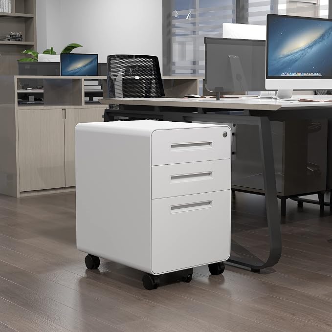 File Cabinet, 3 Drawer Filing Cabinets for Home Office with Lock Mobile Under Desk Fully Assembled Cabinet (White)