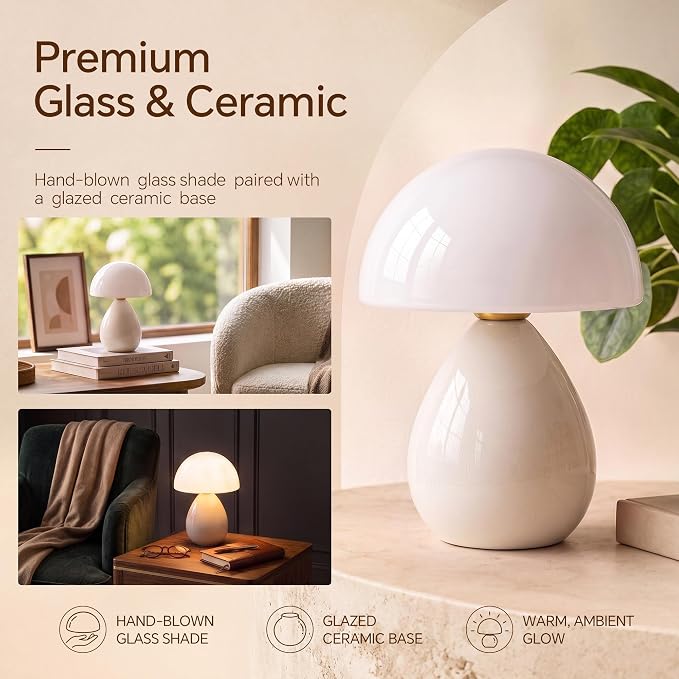 Mushroom Lamp Table Lamp for Bedroom-Small Desk Table Lamps,Cream | Ice Crackle 8.7" Mid Century Modern Table Lamps for Living Room Bedroom Decor,Ceramic Lamps for Home Room Decor,Glass Shade