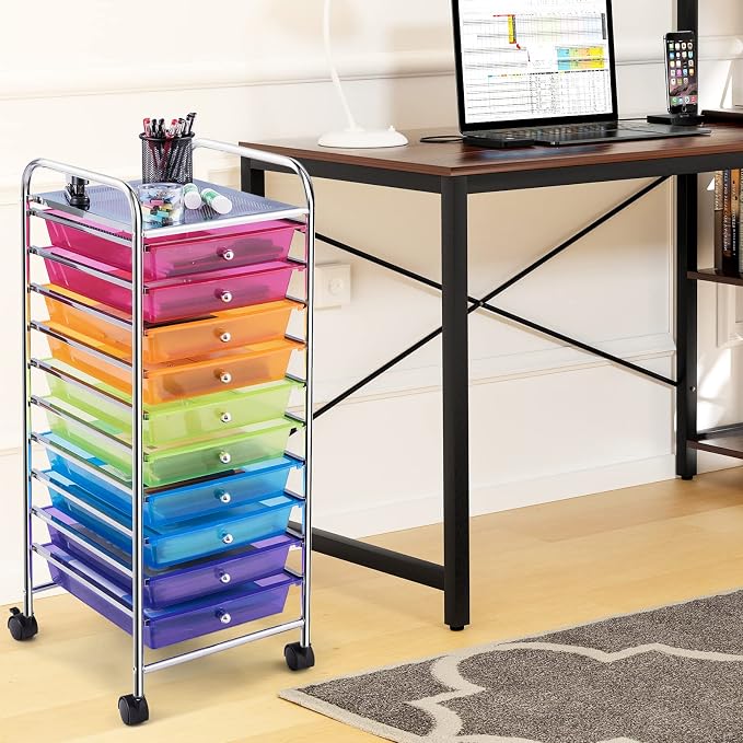 COSTWAY 10-Drawer Rolling Storage Cart, Utility Mobile Trolley | Removable Drawers & Universal Casters & 2 Brakes, Versatile Flexible Drawer Organizer Cart for Home, Office (Rainbow)