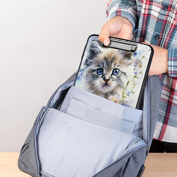 Clipboard with Storage,Storage Clipboard with Pen Holder,Heavy Duty Plastic Storage Clipboard with Low Profile Clip,Teacher Must Haves,Clipboard Folder,Office Supplies,Blue Cat and Flowers