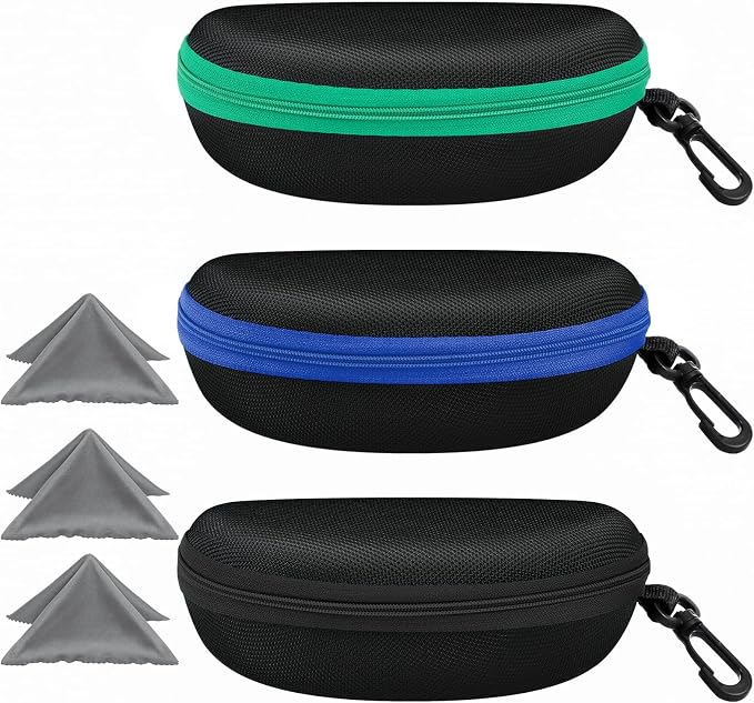 ZONLY 3 Pack Sunglasses Case Portable Travel Zipper Eyeglasses Case Hook With Cleaning Cloth
