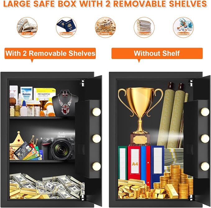 21.65"H Safe Box for Home | 3.8 cu ft Anti-Theft Safe with A4 Fireproof Bag | 36Lb Large Heavy Safe with Electronic Combination Lock & Removable Shelf | Document Safe for Office Cash Medicine Valuable