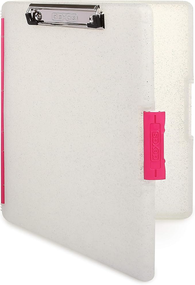 Dexas Slimcase 2 Plastic Clipboard with Storage and Side Opening, Natural Glitter Pink Binding, Office Supplies Clipboards to Organize, A4 Holder, Nursing Clipboards