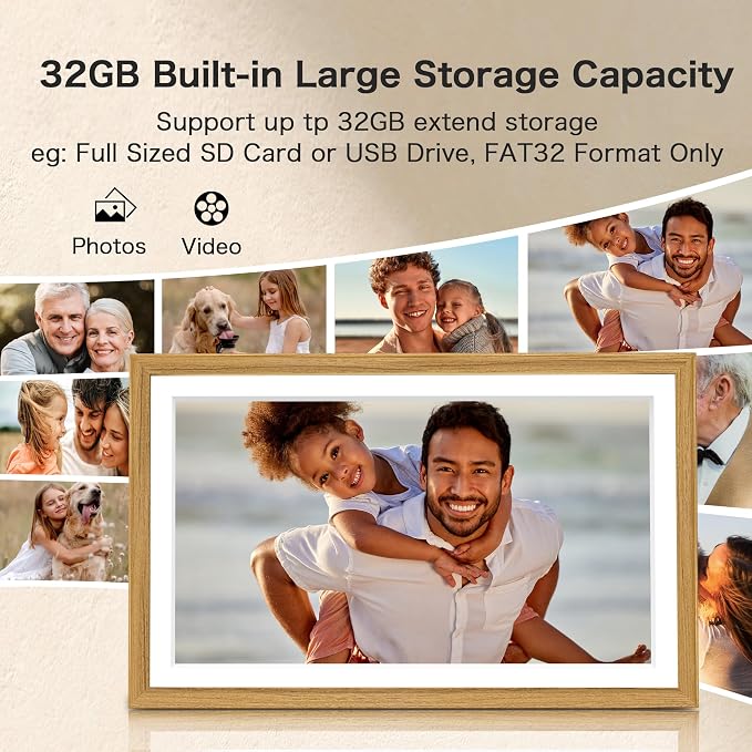 Frameo Digital Picture Frame, Frameo 15.6 Inch Large Digital Photo Frame WiFi, 1920 * 1080 IPS FHD Touchscreen, 32GB, Wall-Mounted, Share Video Picture, Electronic Frame, Mom Gifts, Natural Woodgrain