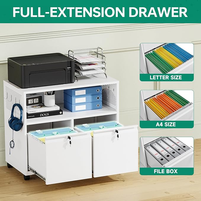 Mobile 2 Drawer File Cabinet with Lock, Metal Lateral Printer Stand Filing Storage Cabinets with Shelves for Home Office-A4/F4/Letter (White)