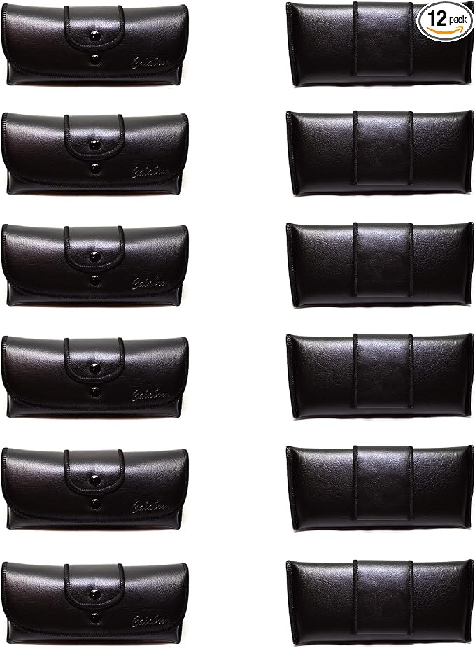 Calabria Double Snap Belt Loop Eyeglass Case PU Leather Black Old School Vintage Eye Glasses Pouch Semi-Hard Sunglass Holder - 12PACK