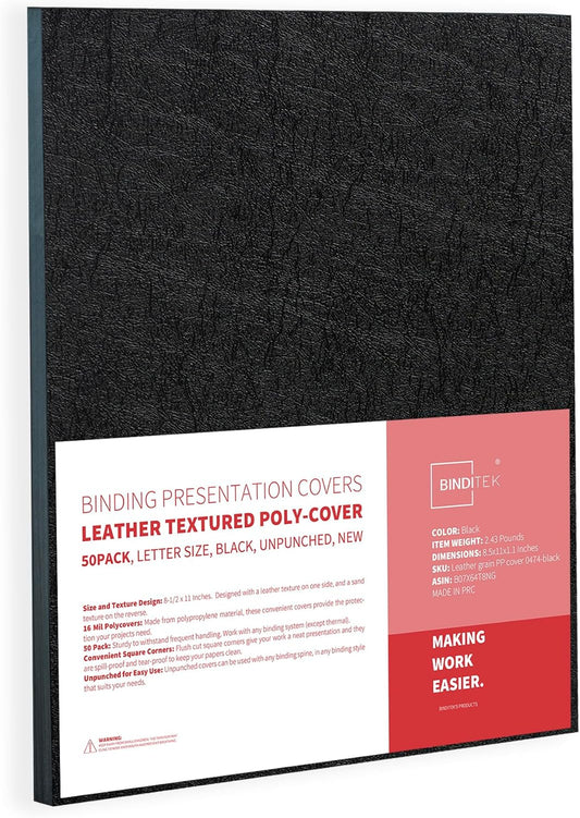 Binditek 50 Pack 16 Mil Leather-Textured Heavyduty Polycovers, Plastic Binding Presentation Covers, Letter Size, 8-1/2 x 11, Unpunched, Square Corners, Black