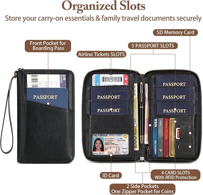 Family Passport Holder for Travel Women and Men Multiple RFID blocking Passport Holder MultiFunction Passport Wallet Passport Case Passport cover with Zipper