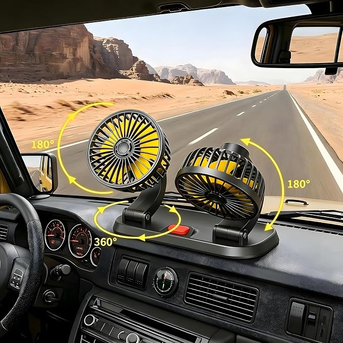 Dual Head 12V Car Fan for SUV Truck RV with No AC,Adjustable Car Cool Fan, Dual Head Design, 2-speed Adjustable, 360° Rotating Portable Car Fan,Powered by Cigarette Lighter