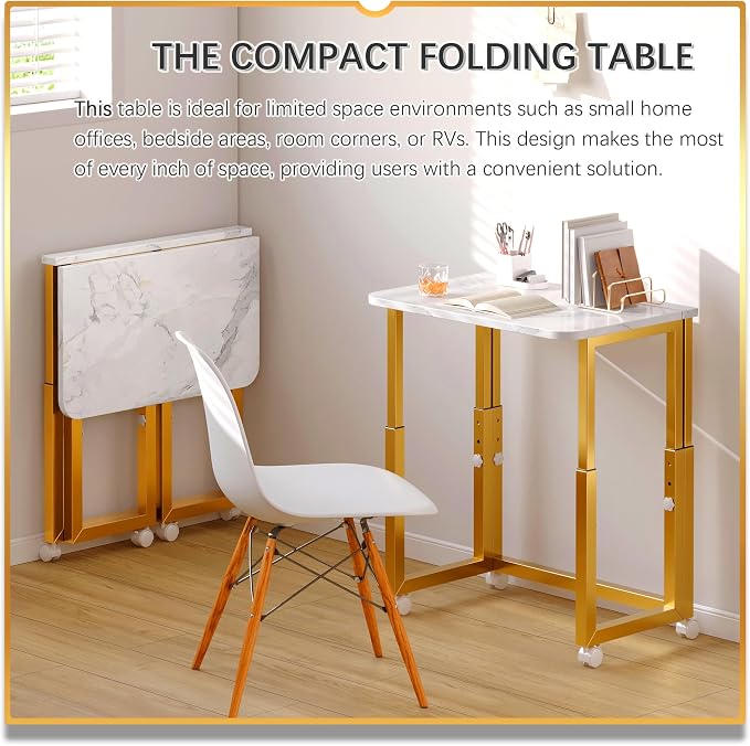 4NM No Tool Assembly 23.6" Small Desk, Folding Portable Desk with Wheels, Adjustable Height Foldable Computer Home Office Desks, Collapsible Study Writing Table for Space Saving Bedroom - White Gold