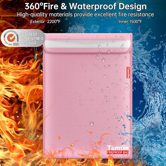 6400℉ Fireproof Document Bag, 15”x 11” Waterproof Document Organizer, Pink | Fireproof Money Bag, 2 Pockets,Safe Important Document Organizer for A4 A5 Legal Letter Size, Valuables, Legal Documents