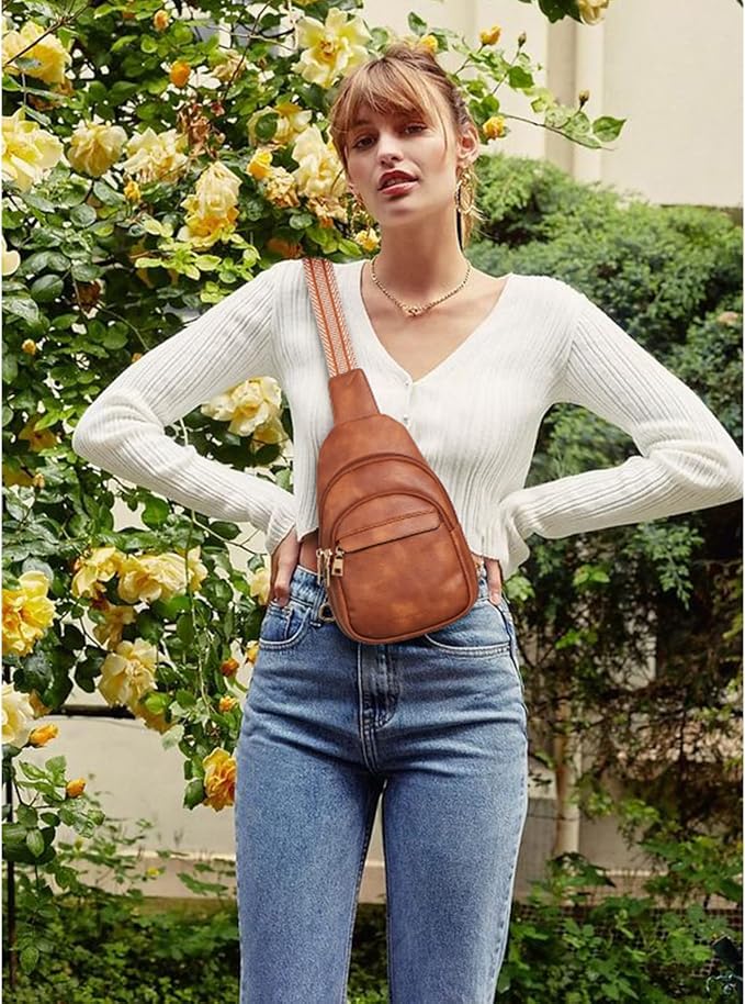 BOSTANTEN Sling Bag for Women Leather Crossbody Bags Fanny Pack Chest Bag for Travel | Adjustable Wide Strap, Small, Anti Theft, Lightweight, Multi Pockets and Carrying Way, Card Slot, Cute Trendy for Everyday
