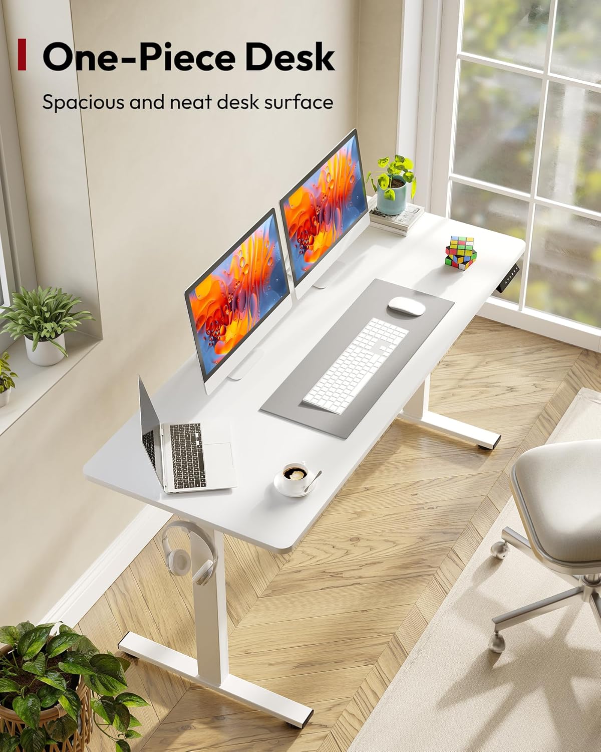 SANODESK Electric Standing Desk 60 x 24 Inches Whole-Piece Desktop Height Adjustable Stand Up Desk w/6-Button Controller Ergonomic Computer Desk for Home Office, White Frame + White Tabletop