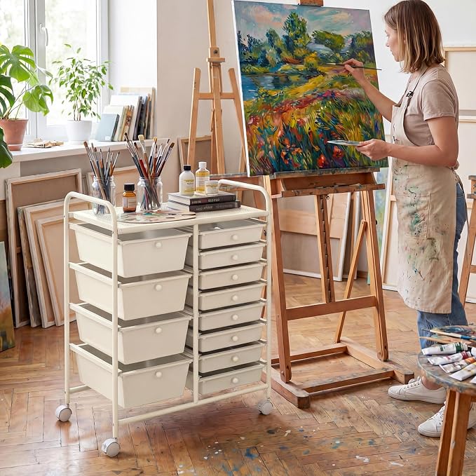COSTWAY 12 Drawer Rolling Storage Cart, Utility Cart with Metal Frame | Mobile Art Supply Craft Organizer, Multipurpose Storage Organizer for Paper, Office, School Teacher, Classroom, White