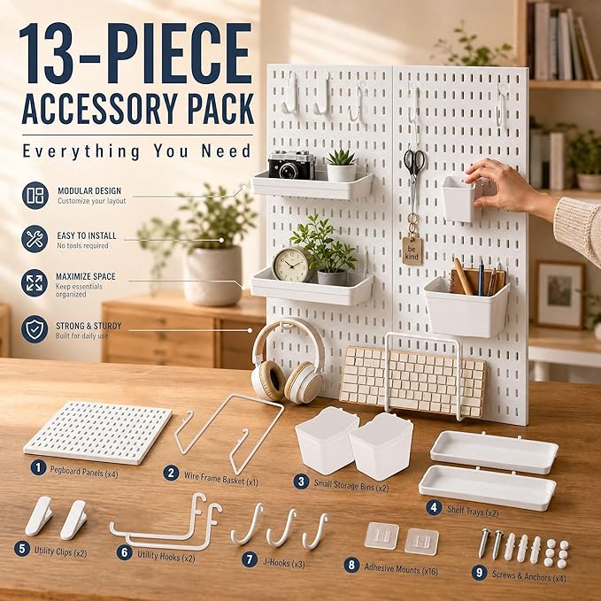 AKTOP Plastic Peg Board Wall Organizer 4-Pack, 12"x12" Pegboard Kit, White | Includes 13 Accessories, Adhesive or Drill Mounting, Superior Load Capacity, Ideal for Office, Gaming Room, Craft Room