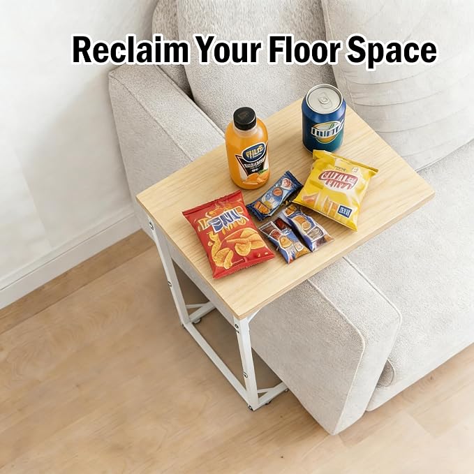 C Shaped End Table for Couch, Small Side Table for Living Room & Bedroom, Slide Under Sofa Table for Laptop, Coffee, Snacks, Easy Assembly, Modern Design