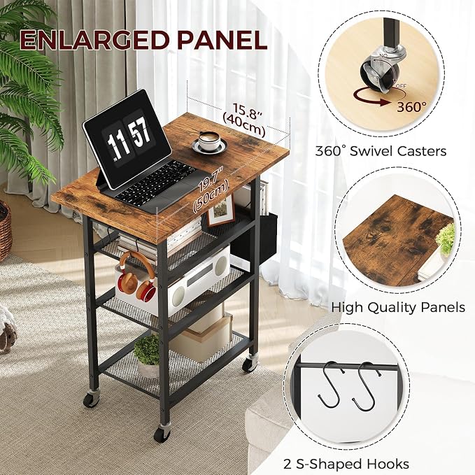 MAHANCRIS 4-Tier Printer Stand, Rolling Printer Table on Wheels, Industrial Storage Stand with Side Pocket, Wooden Tabletop, 2 S-Shaped Hooks, for Home Office, Rustic Brown and Black PTHR2601