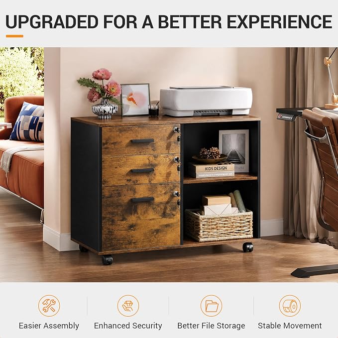 DEVAISE 3-Drawer File Cabinet with Lock, Wood Filing Cabinet, Rustic Brown | Rolling Printer Stand, Office Cabinet, Open Storage Shelves, Letter & A4 Compatible, Home Office, Under Desk Storage